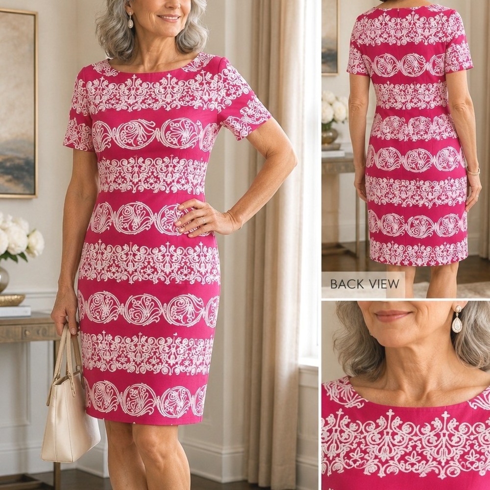 Tiana B Pink White Soutache Embroidered Shift Dress Short Wedding guest Chic S‎